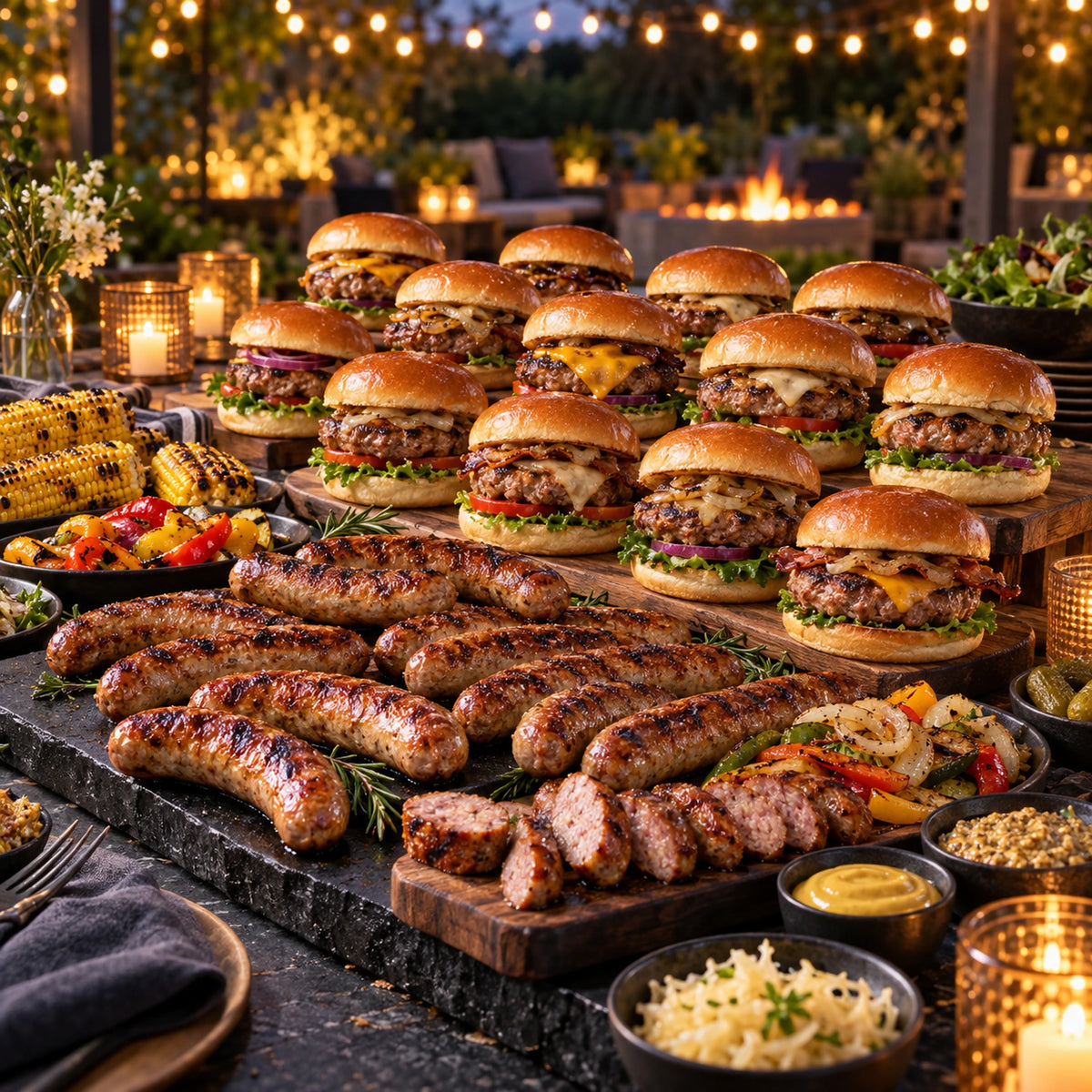 12 Craft XL Brats & 20 Gourmet Burgers, cooked serving idea
