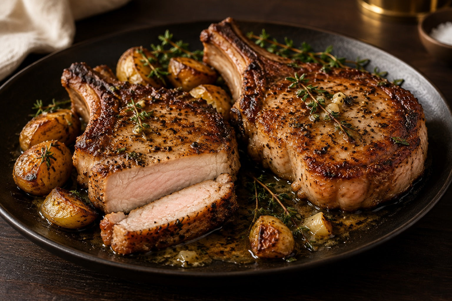 Finished Pan-Seared Mangalitsa Pork Chops