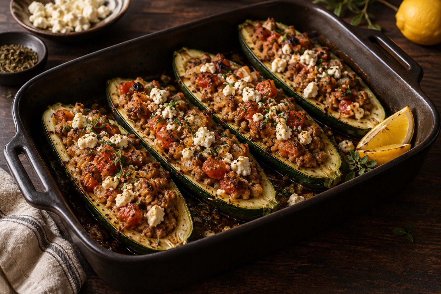 Finished Mediterranean Pork Zucchini Boats