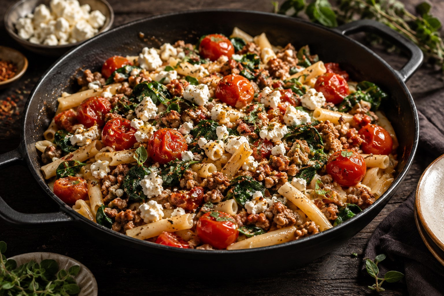 Finished One-Pan Mediterranean Pork, Feta & Burst Cherry Tomato Pasta