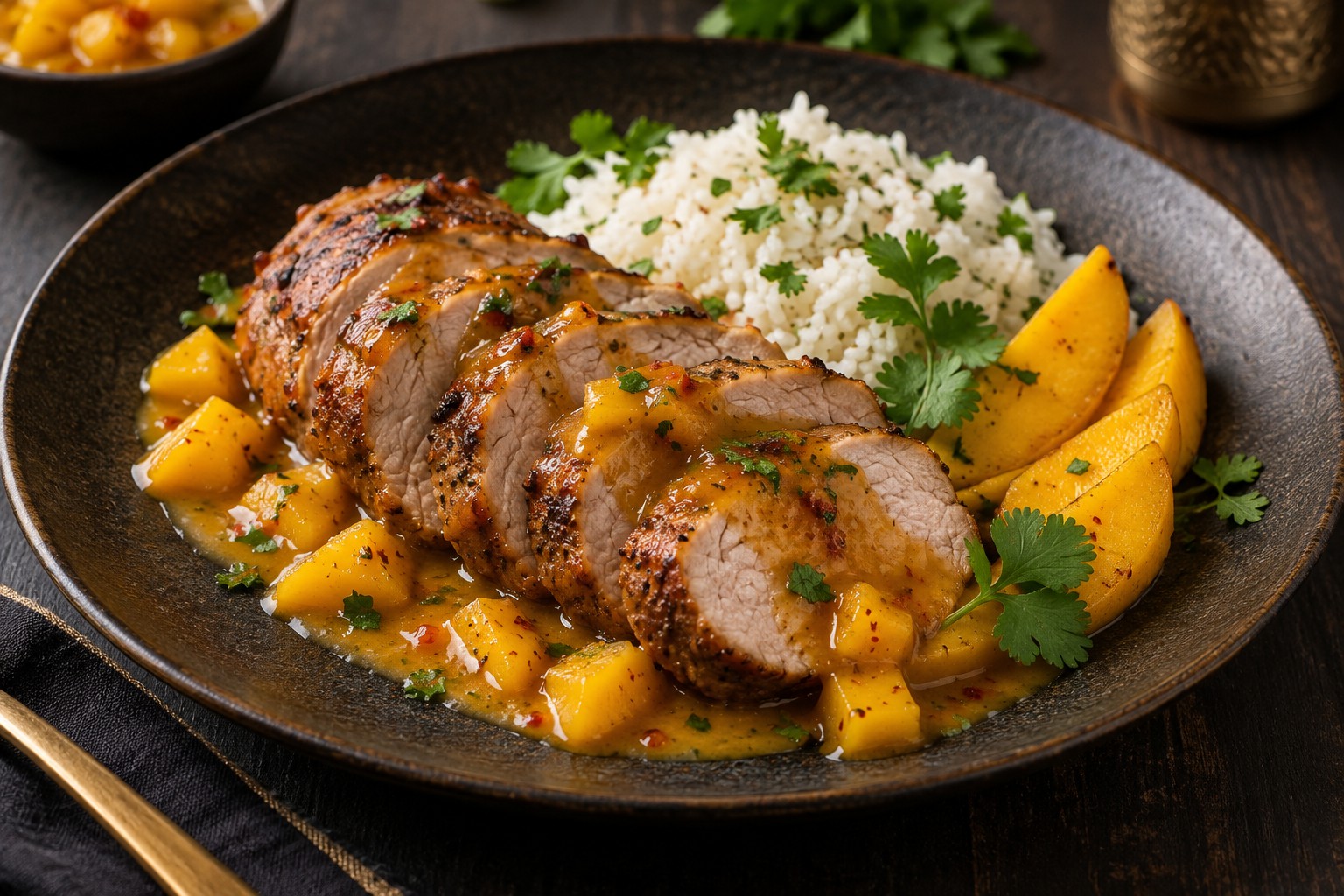 Finished Pork Tenderloin With Honey-Spiced Mango Sauce