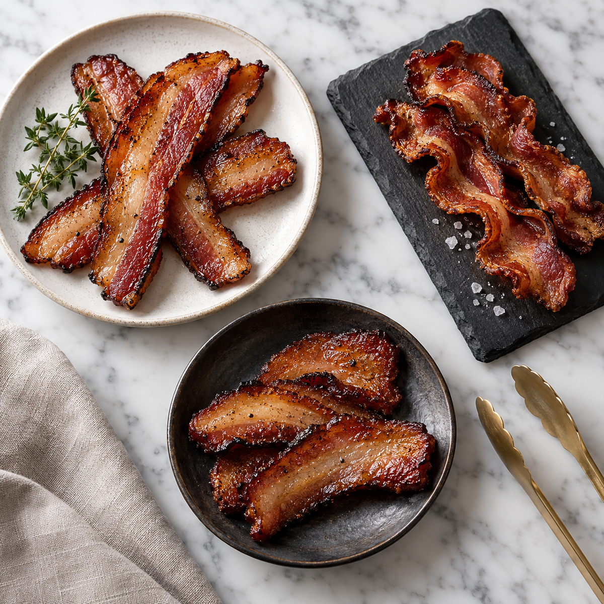 Serving recommendation: Three styles of cooked Mangalitsa bacon on white marble
