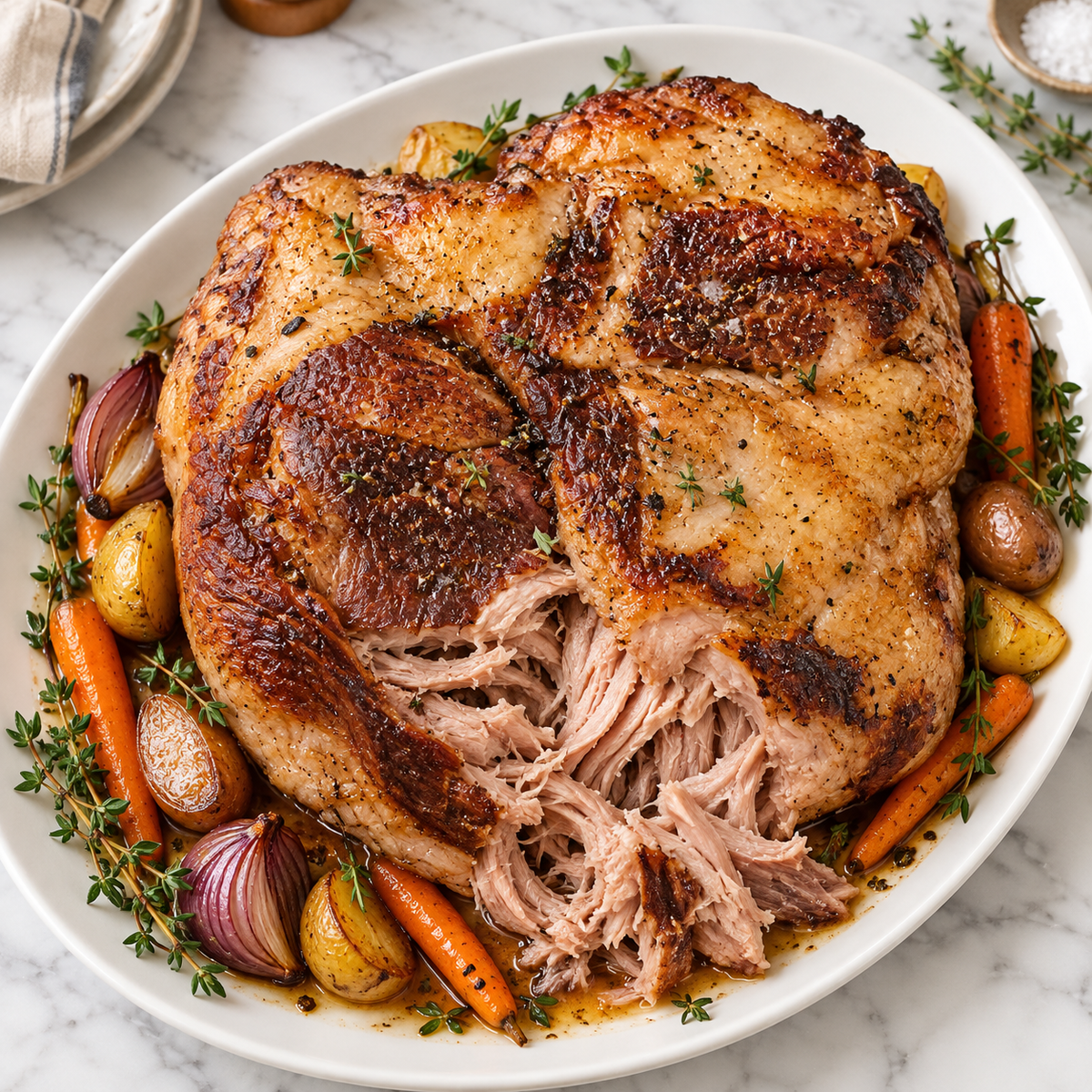 Mangalitsa boneless picnic shoulder, slow-roasted serving recommendation with vegetables