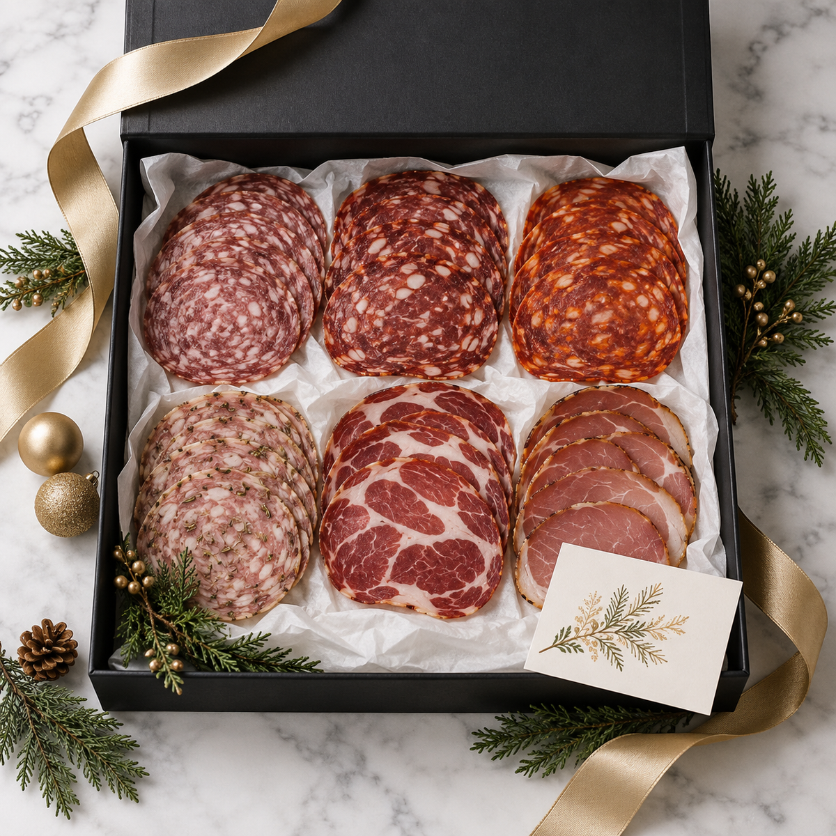 Holiday gift presentation: Six Cella's Reserve sliced charcuterie selections in a black gift box