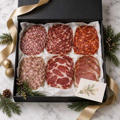 Holiday gift presentation: Six Cella's Reserve sliced charcuterie selections in a black gift box