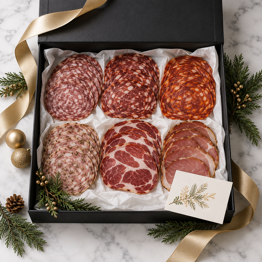 Holiday gift presentation: Six Cella's Reserve sliced charcuterie selections in a black gift box