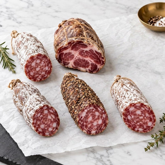 Cella's Reserve Mangalitsa charcuterie sampler: five cured salami and coppa