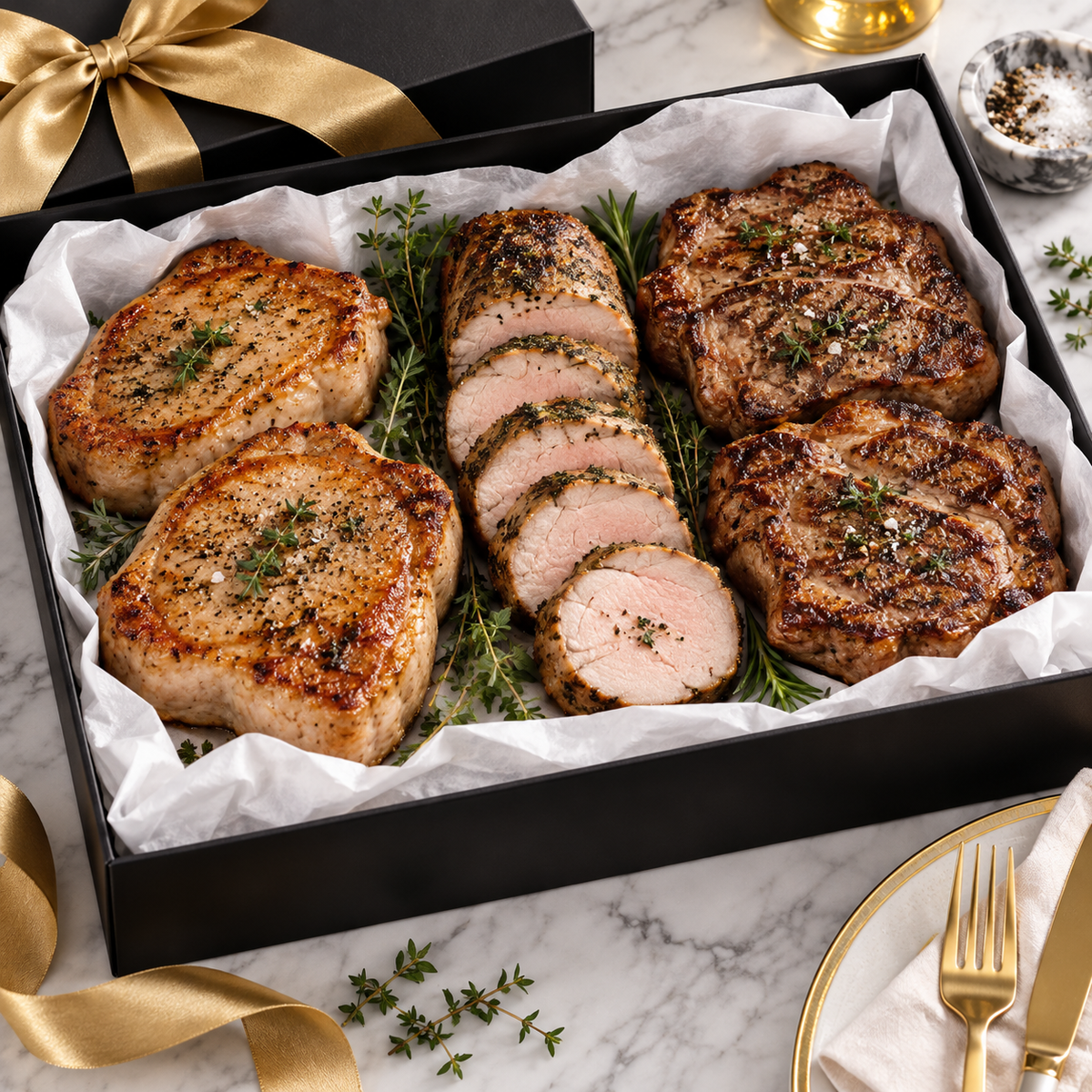 Gift presentation: Boneless New York pork chops, tenderloin and Delmonico steaks in a black gift box