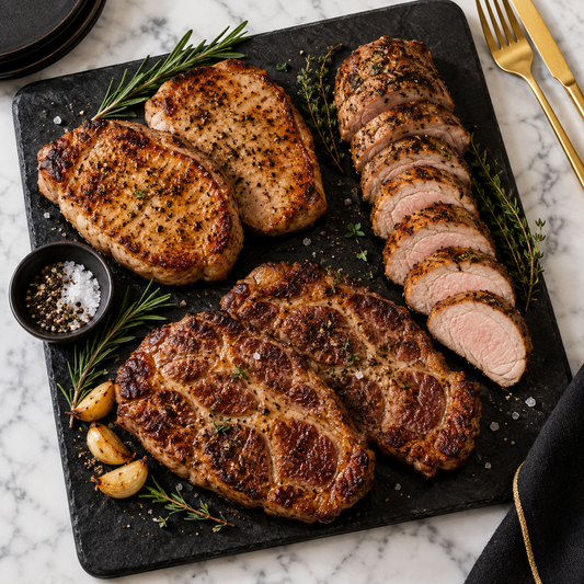 Serving recommendation: Boneless New York pork chops, tenderloin and Delmonico steaks on black stone