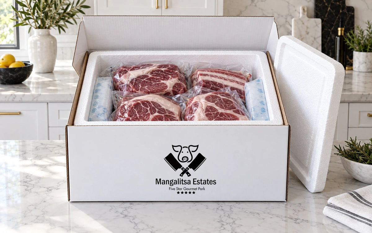 Hog share delivery: white Mangalitsa Estates box with styrofoam cooler