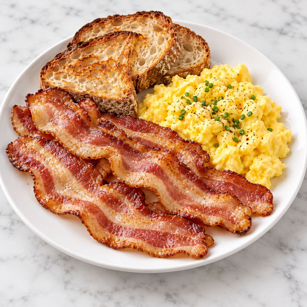 Mangalitsa bacon with scrambled eggs and toast, serving recommendation