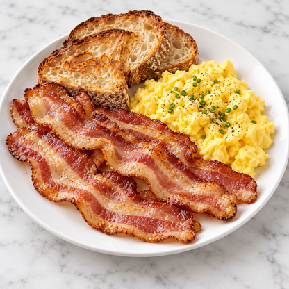Mangalitsa bacon with scrambled eggs and toast, serving recommendation