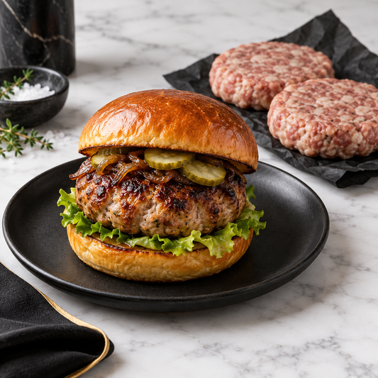 Cooked Mangalitsa pork burger with two raw patties on black butcher paper
