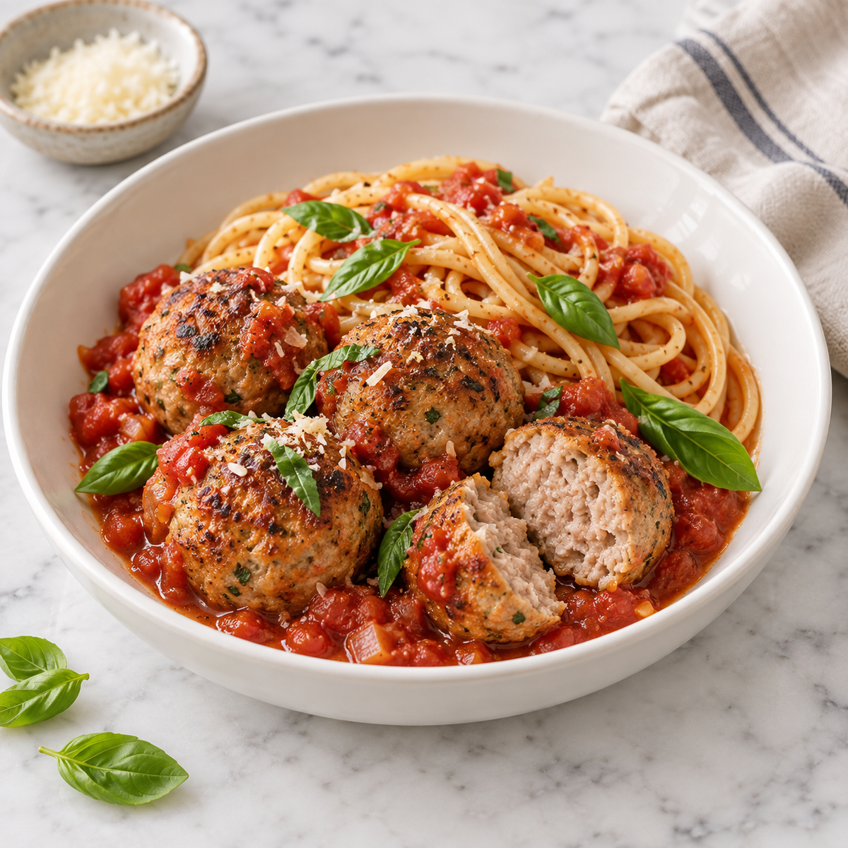 Mangalitsa ground pork meatballs with pasta and tomato sauce, serving recommendation