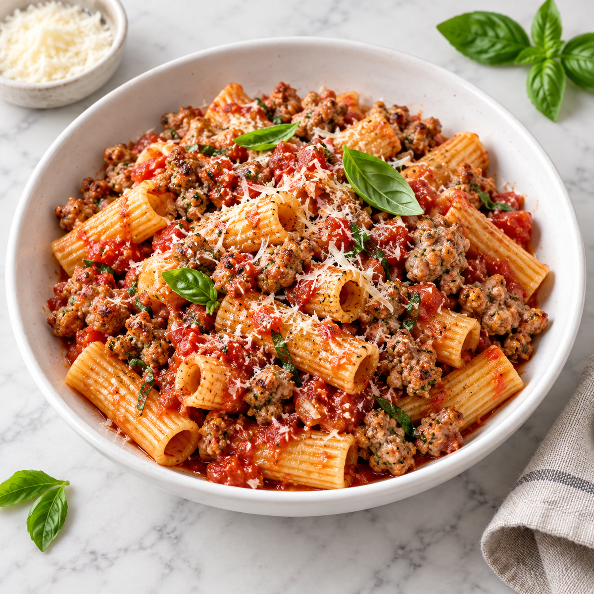 Mangalitsa Italian sausage crumbles with rigatoni and tomato sauce, serving recommendation