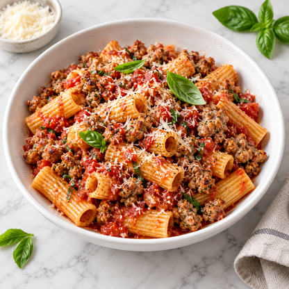 Mangalitsa Italian sausage crumbles with rigatoni and tomato sauce, serving recommendation