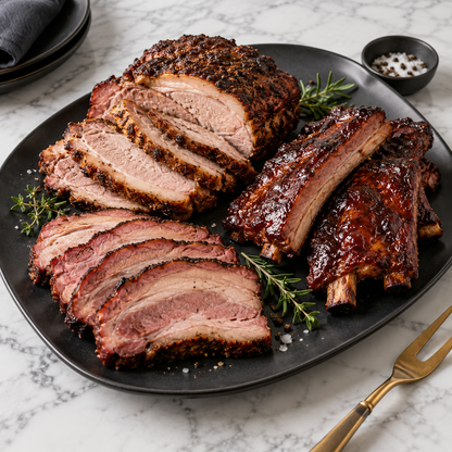 Serving recommendation: Low-and-slow Mangalitsa pork serving platter on white marble