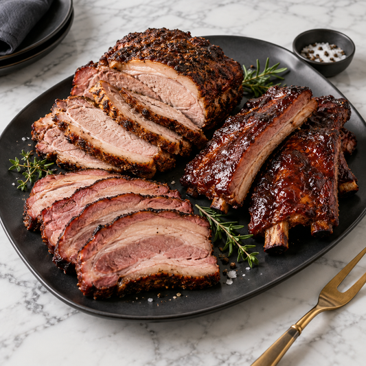 Serving recommendation: Low-and-slow Mangalitsa pork serving platter on white marble