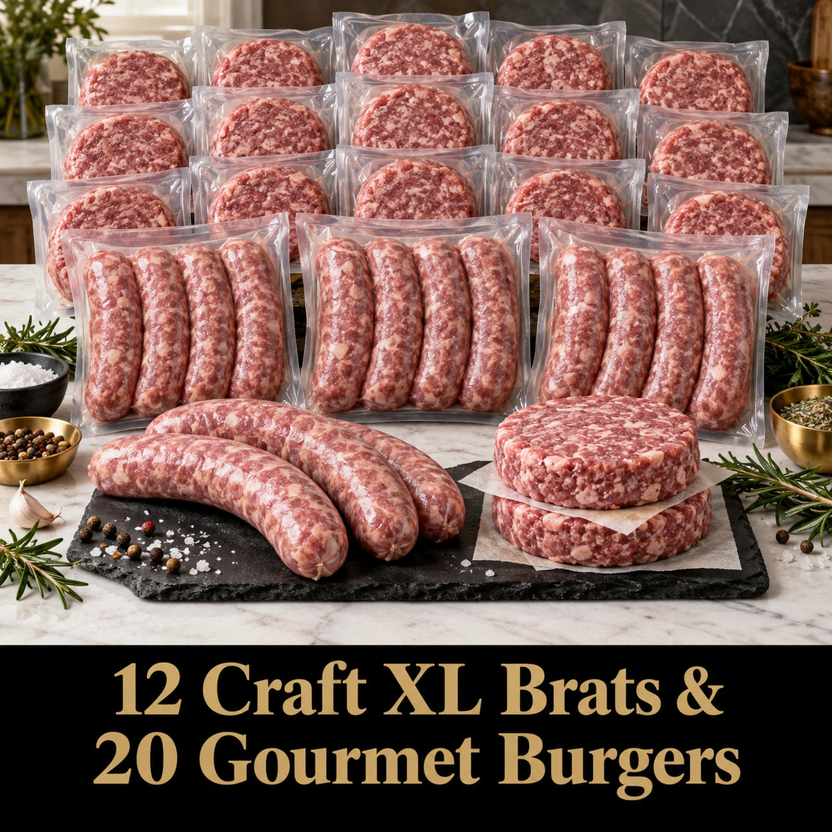 12 Craft XL Brats & 20 Gourmet Burgers, raw
