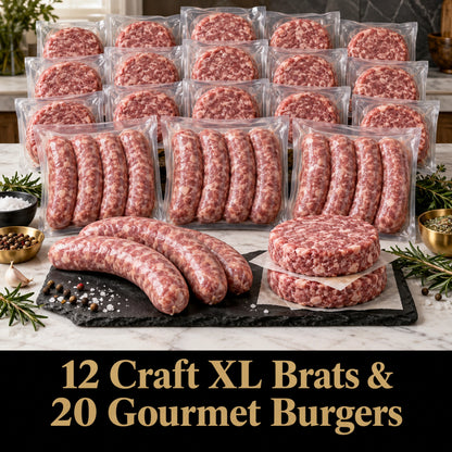 12 Craft XL Brats & 20 Gourmet Burgers, raw