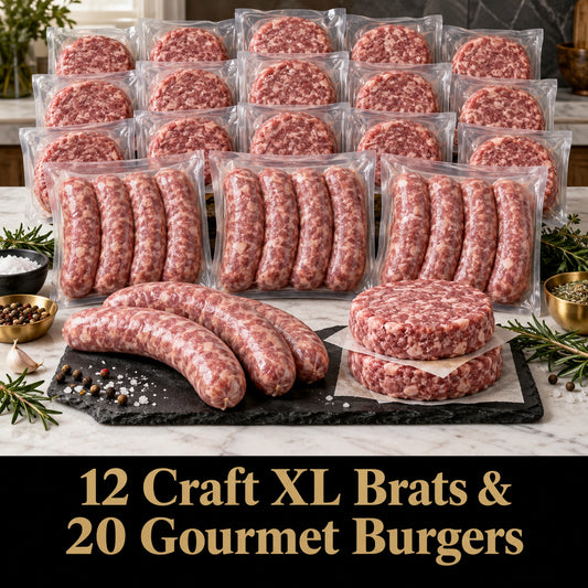 12 Craft XL Brats & 20 Gourmet Burgers, raw