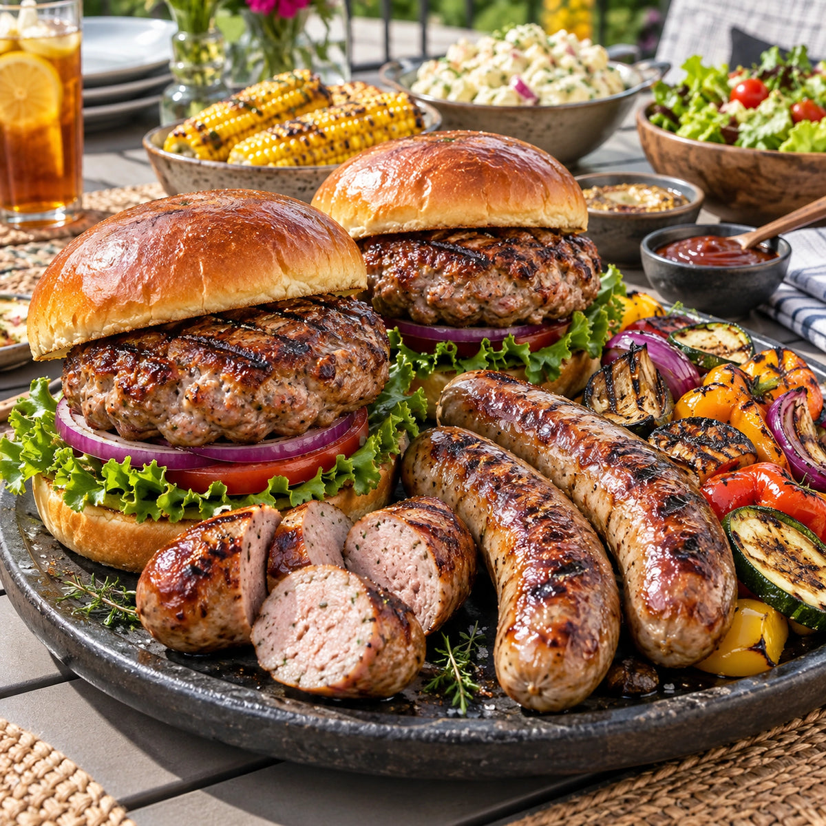 Burger and Brat Pack, cooked serving idea