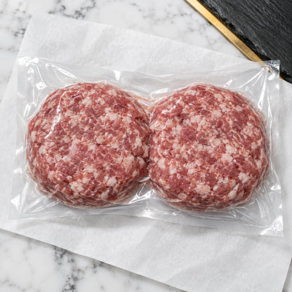 Mangalitsa Gourmet Pork Burgers (Original or Bacon), vacuum-sealed as shipped
