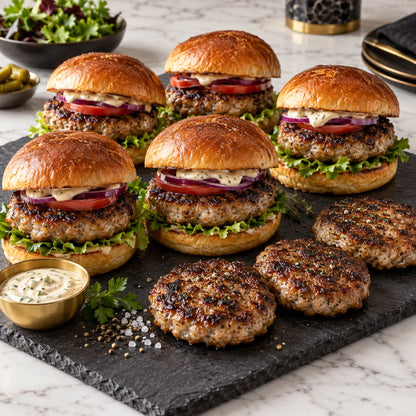 Mangalitsa Gourmet Pork Burger Pack - 20 burgers (10 packages), cooked serving idea