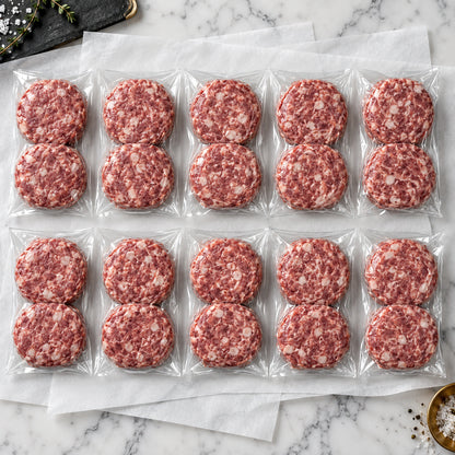 Mangalitsa Gourmet Pork Burger Pack - 20 burgers (10 packages), vacuum-sealed as shipped