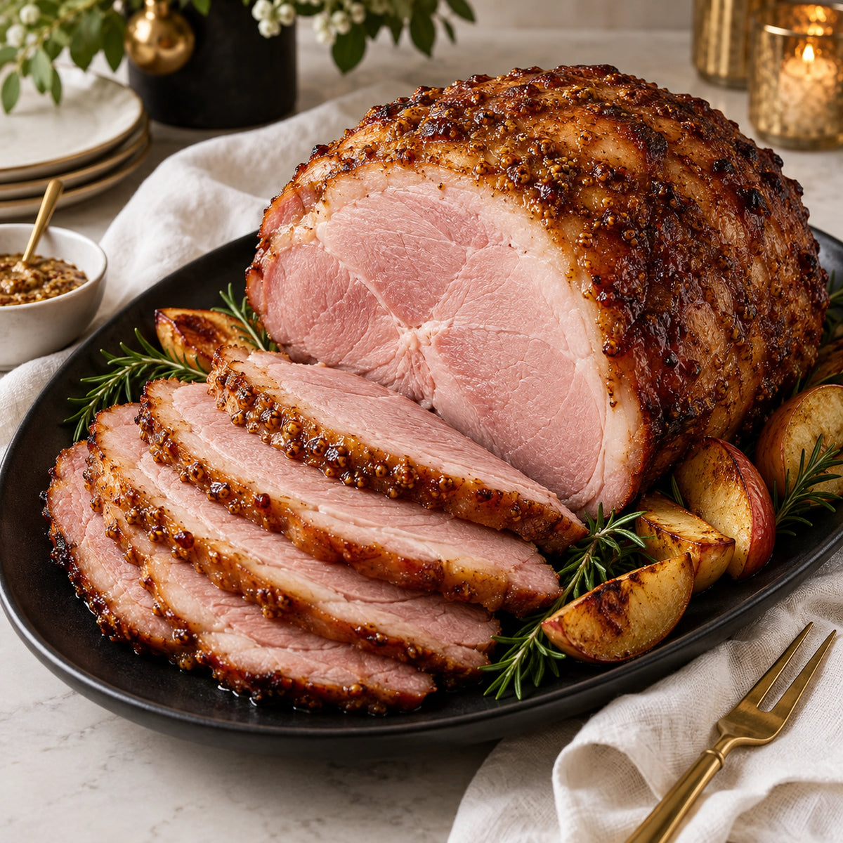 Half Ham: Hickory Smoked, Maple Sugar Cured Bone-in or Boneless, 2.5 or 3.5 lbs options, cooked serving idea