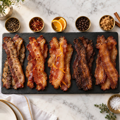 Specialty Flavored Artisan Dry Rubbed, Hickory Smoked Cured Bacons, cooked serving idea