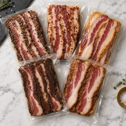 Specialty Flavored Artisan Dry Rubbed, Hickory Smoked Cured Bacons, vacuum-sealed as shipped