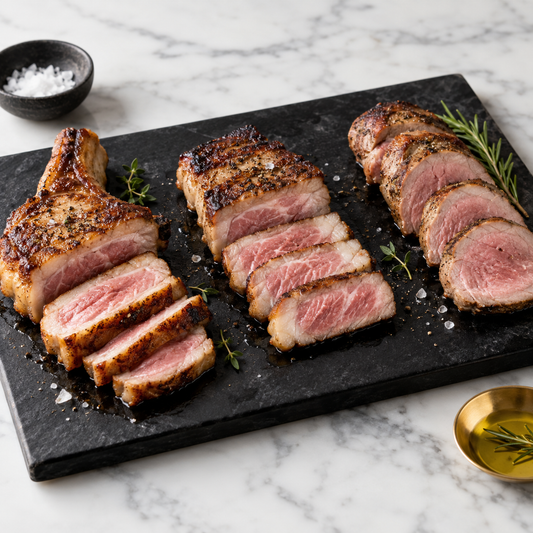 Serving recommendation: Cooked Mangalitsa pork selection styled on black stone and white marble