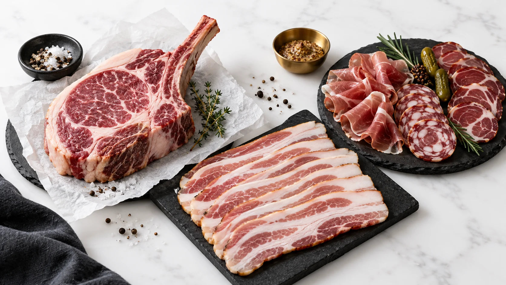 Serving recommendation: pork chop, bacon and charcuterie arranged on boards