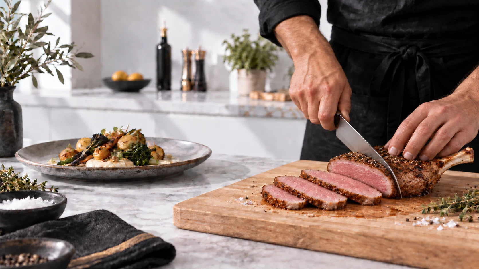 Serving recommendation: chef slicing the meat of a bone-in pork chop beside three even slices