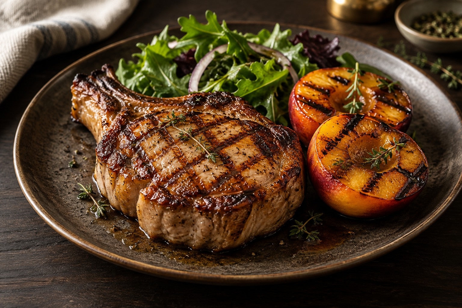 Finished Maple Brined Pork Chops With Grilled Peaches