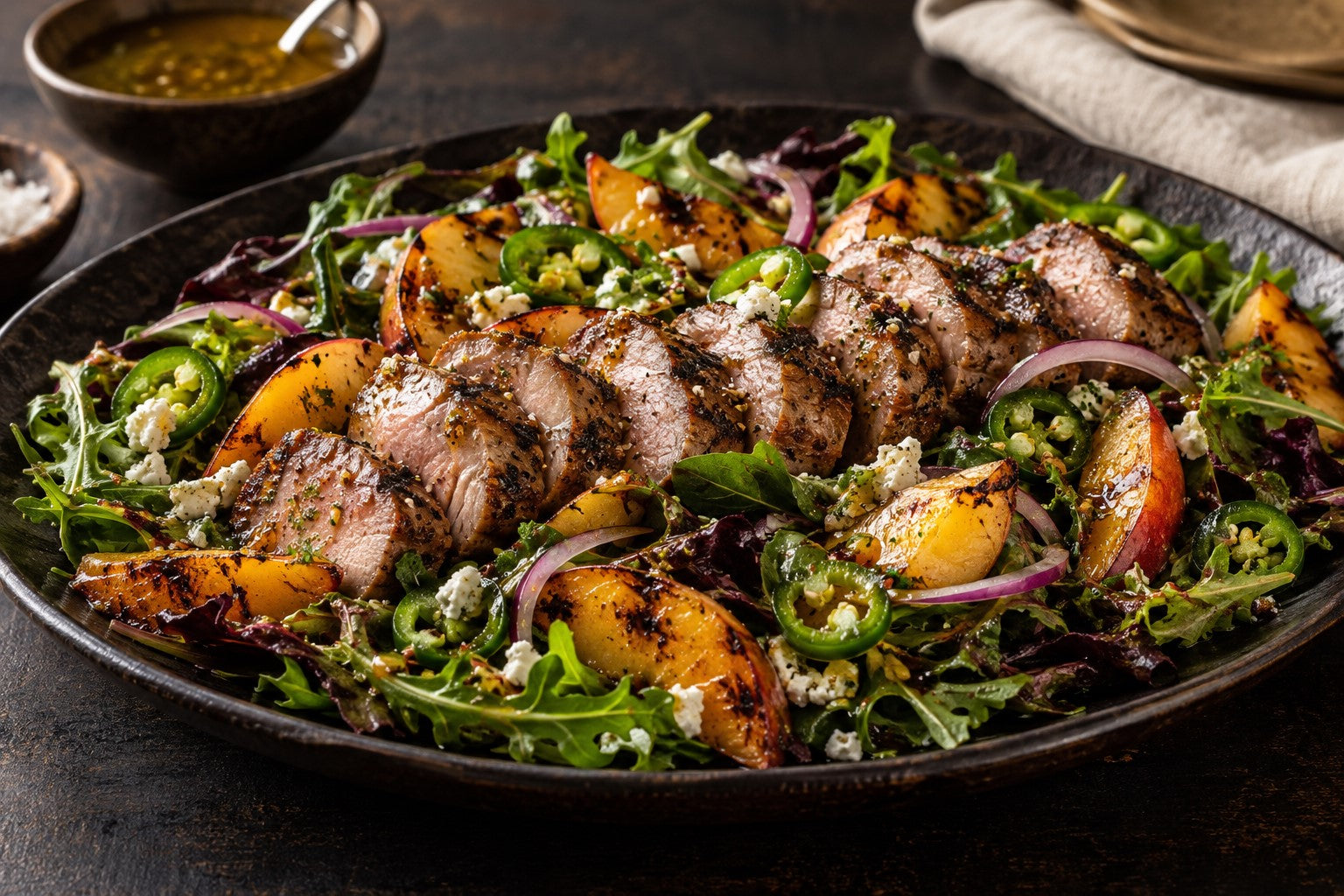 Finished Peach-Jalapeño Grilled Pork Tenderloin Salad
