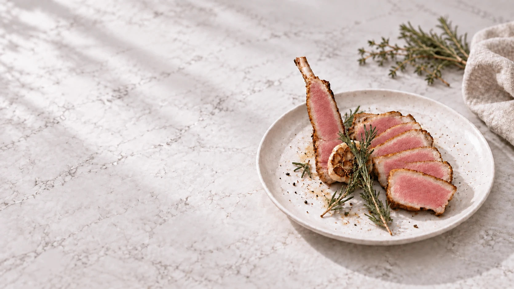 Serving recommendation: sliced reddish-rose pork chop on a white plate