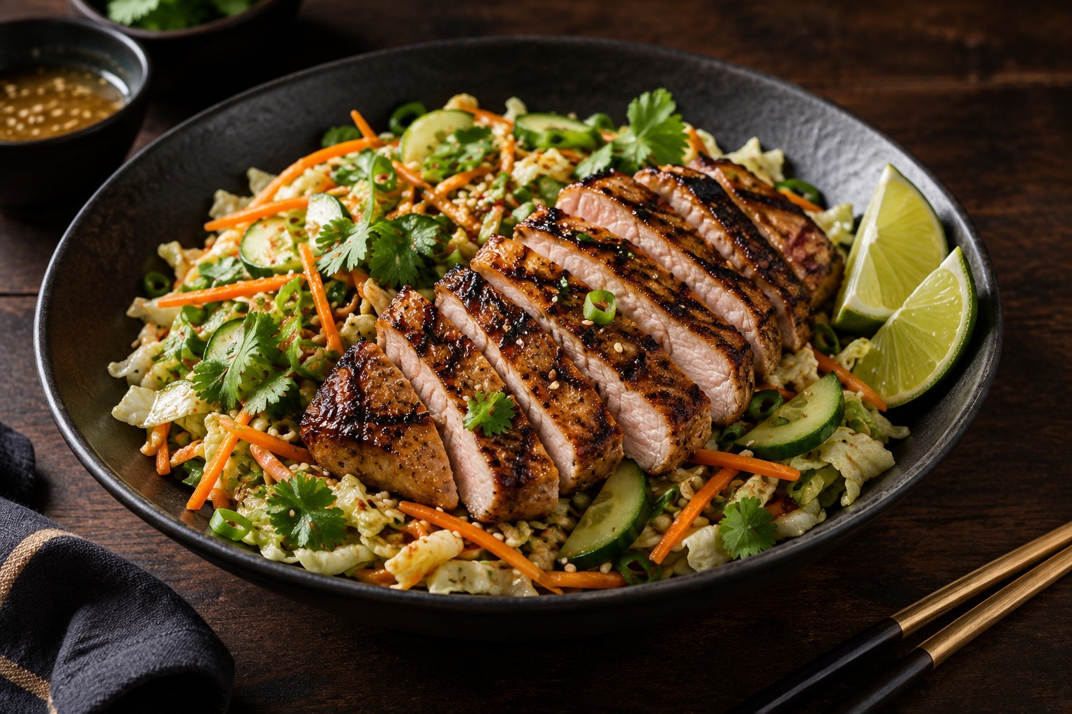 Finished Asian Salad with Grilled Pork Chops