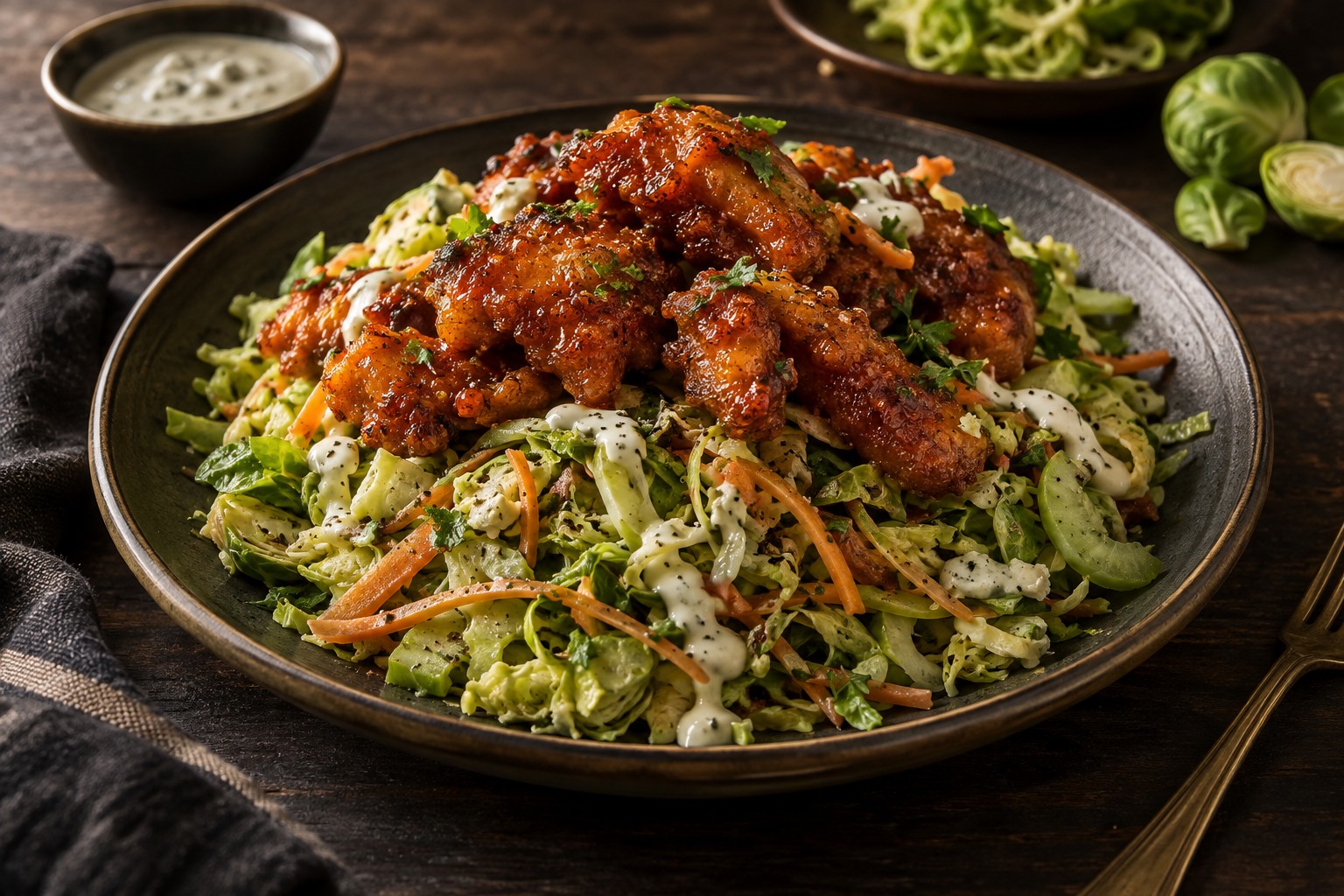 Finished Buffalo Pork With Shaved Brussels Sprouts Salad
