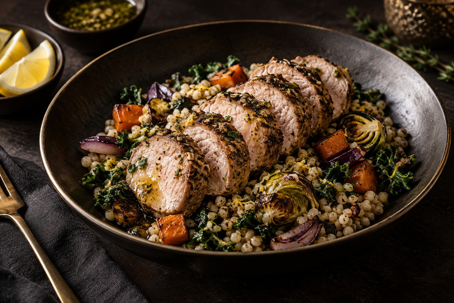 Finished Lemon-Garlic Tenderloin with Warm Sorghum Salad