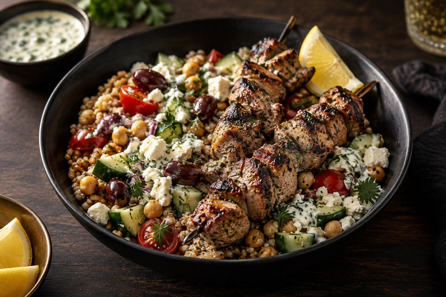 Finished Mediterranean Grain Bowl with Pork Skewers