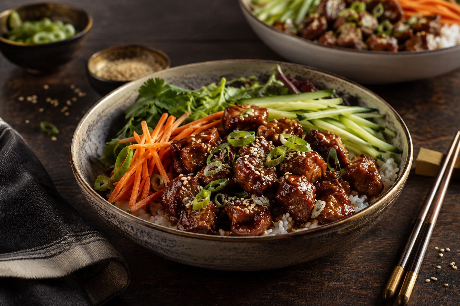 Finished Sticky Sesame Pork Bowls