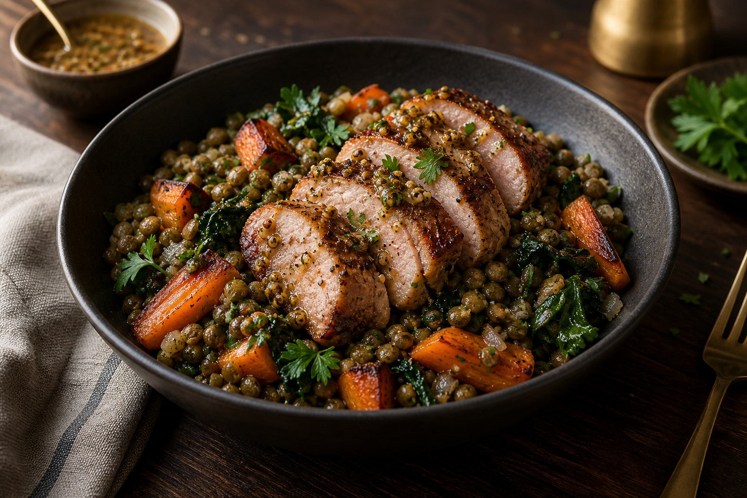 Finished Warm Lentil & Pork Bowls