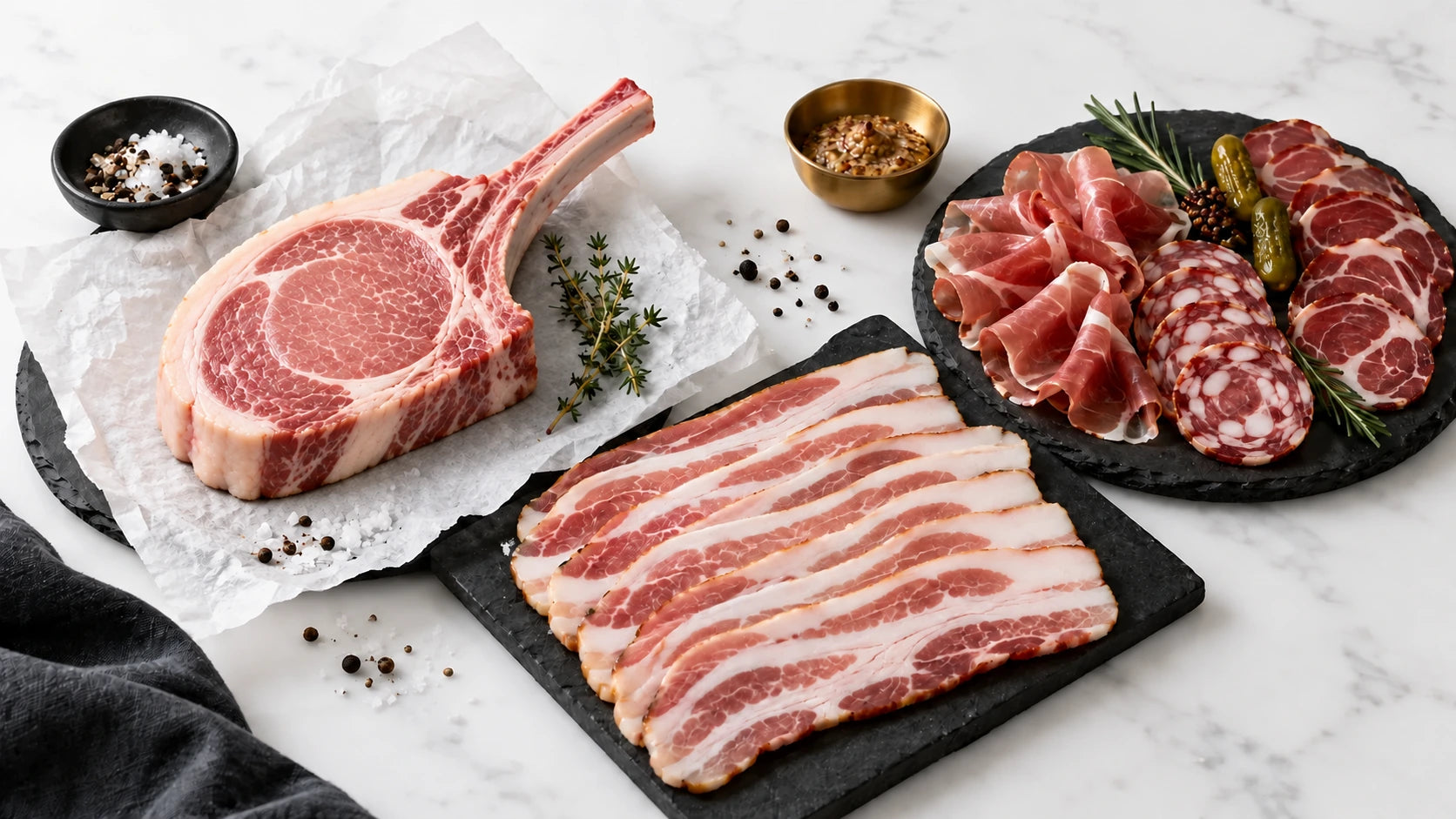 Serving recommendation: pork chop, bacon and charcuterie arranged on boards