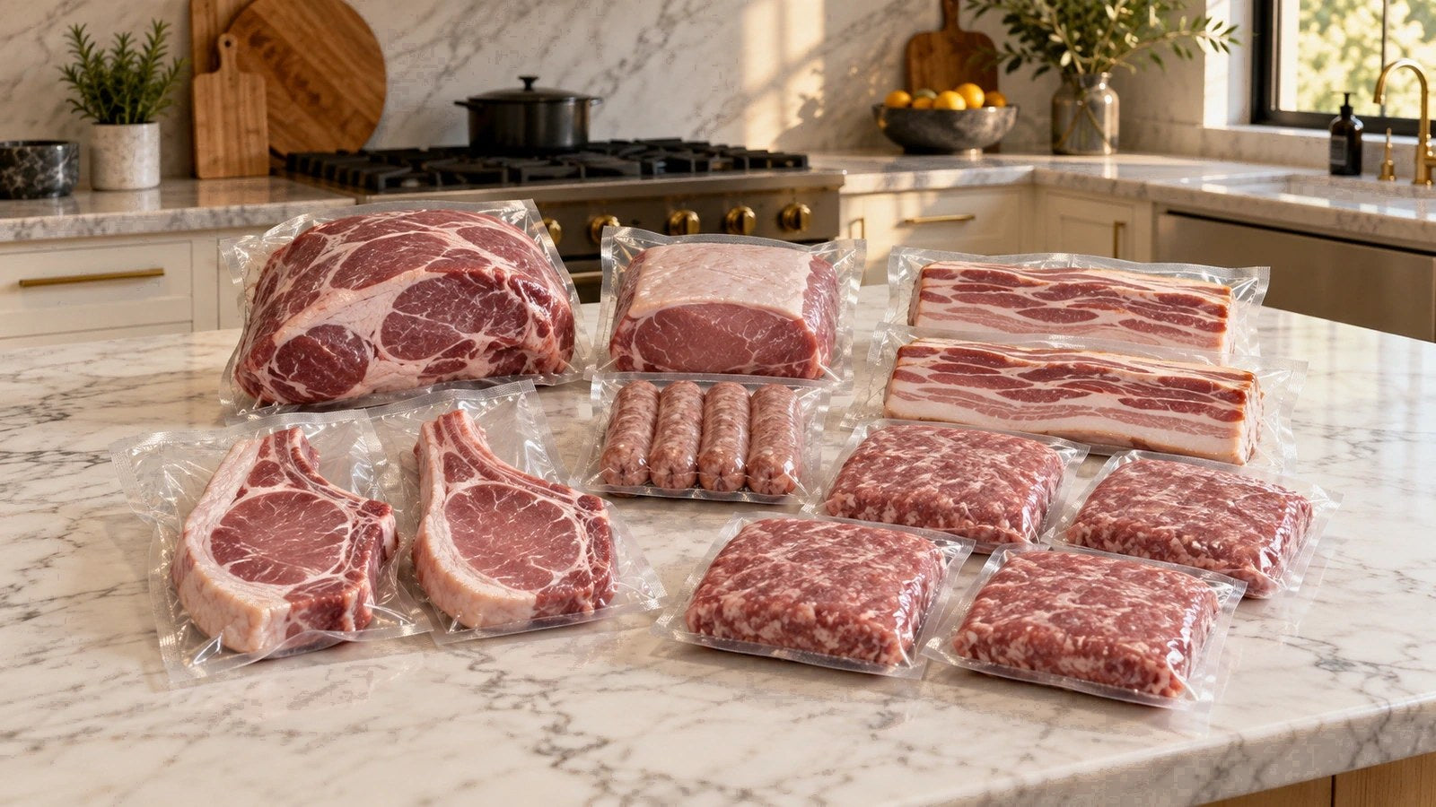 Family breakfast table with Mangalitsa pork, eggs, bread and fruit