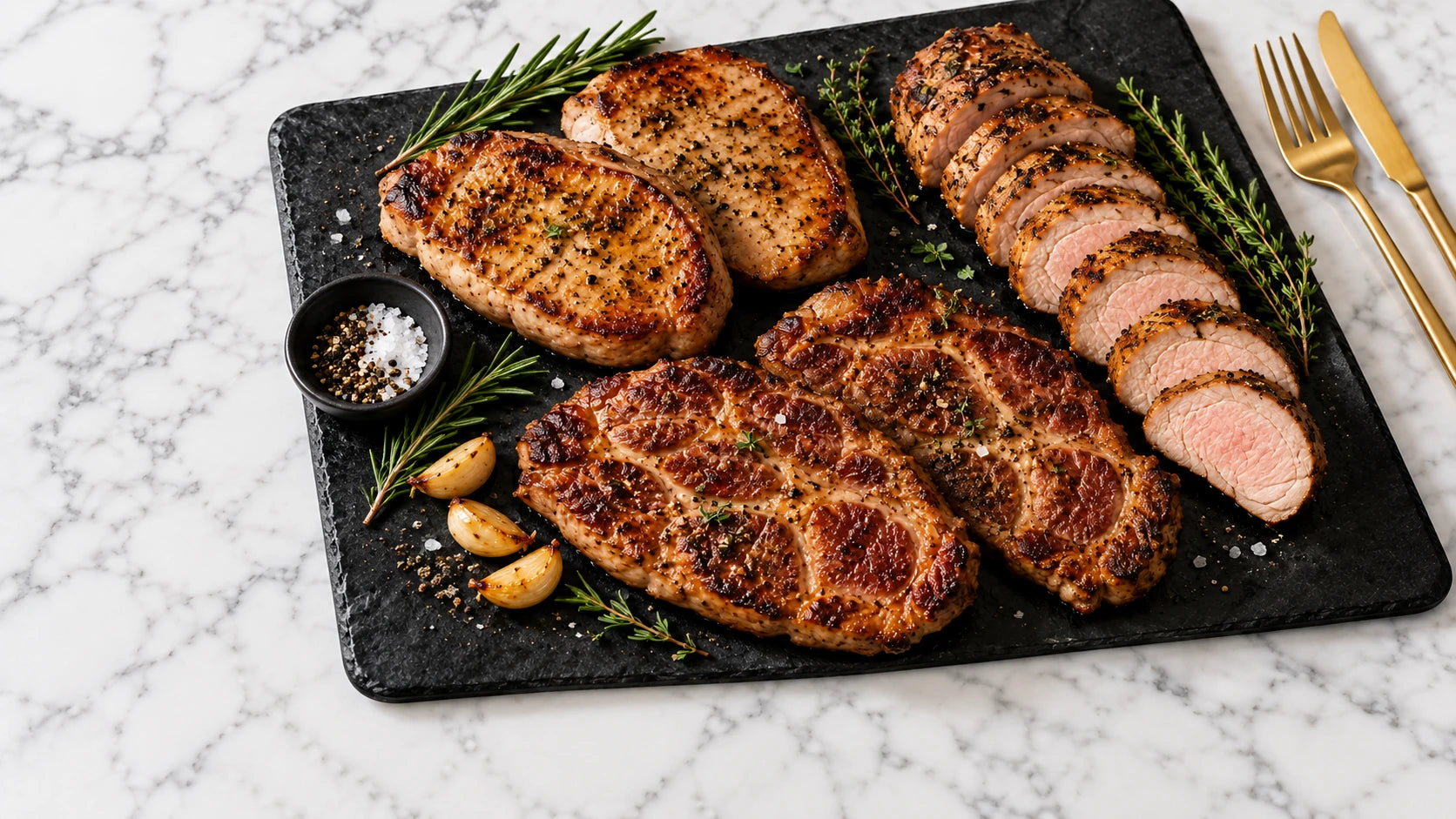 Seared Mangalitsa pork chops, collar steaks and sliced tenderloin on black slate